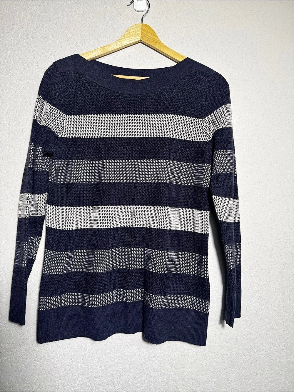 Market & Spruce Sweater Women’s M Petite Navy White Striped Cotton Normcore